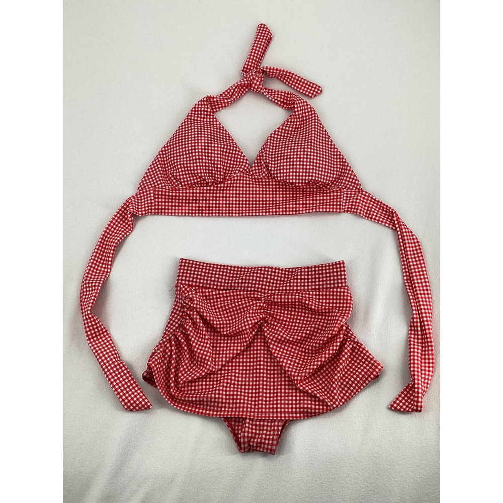 Pinky Pinups Red Gingham Two Piece Swimsuit High Waist Skirted Bottoms Large